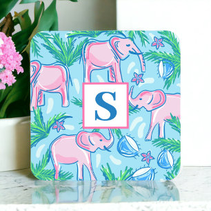 Dessous De Verre Carré Monogramme d'éléphant bleu rose pâle