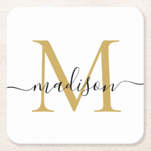 Dessous De Verre Carré Monogramme d'or noir moderne élégant Nom du script