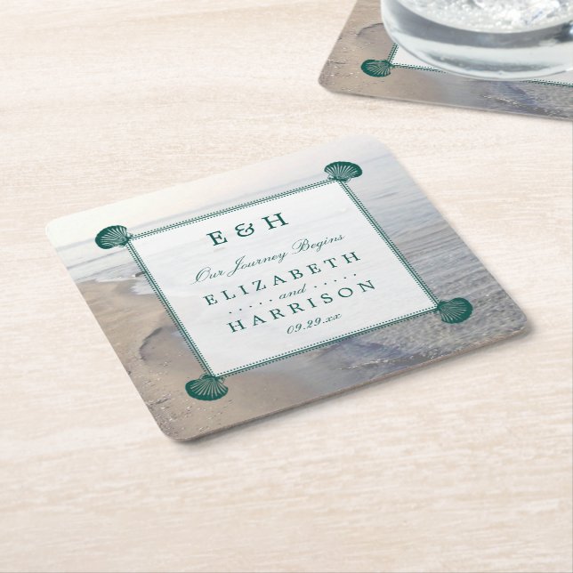 Dessous De Verre Carré Monogramme élégant et mariage Turquoise sur la pla (Incliné)