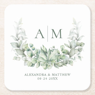 Dessous De Verre Carré Monogramme Elégant Eucalyptus Mariage de verdure