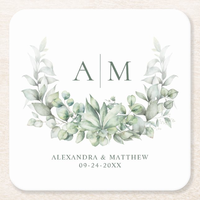 Dessous De Verre Carré Monogramme Elégant Eucalyptus Mariage de verdure (Devant)