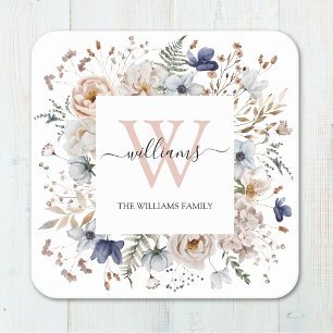 Dessous De Verre Carré Monogramme Élégant Jolies Fleurs Beige Bleu Floral