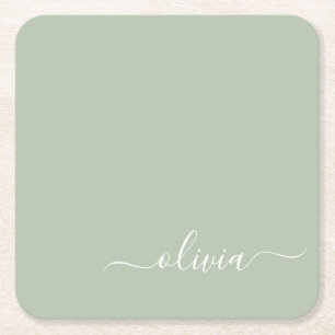 Dessous De Verre Carré Monogramme Élégant Minimaliste Moderne Vert Sauge