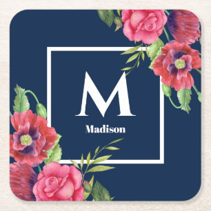 Dessous De Verre Carré Monogramme Fleurs rouges et roses Bleu foncé Marin