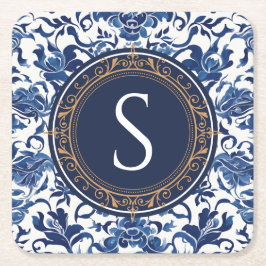 Dessous De Verre Carré Monogramme floral chiné bleu et blanc