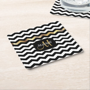 Dessous De Verre Carré Monogramme Gold, blanc et noir Chevron