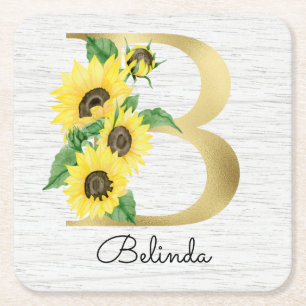 Dessous De Verre Carré Monogramme Gold Sunflower Girl Floral initial B