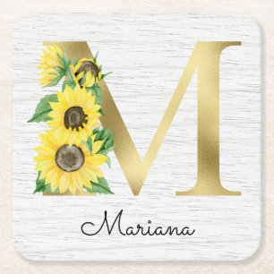 Dessous De Verre Carré Monogramme Gold Sunflower Girl Floral Initial M