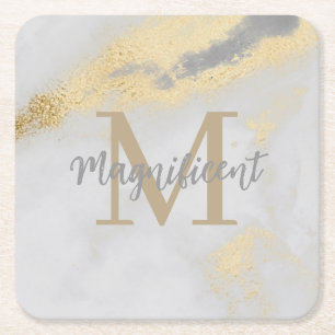 Dessous De Verre Carré Monogramme Marbre or et gris