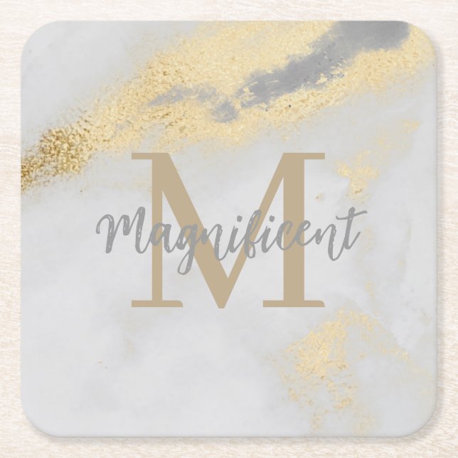 Dessous De Verre Carré Monogramme Marbre or et gris (Devant)