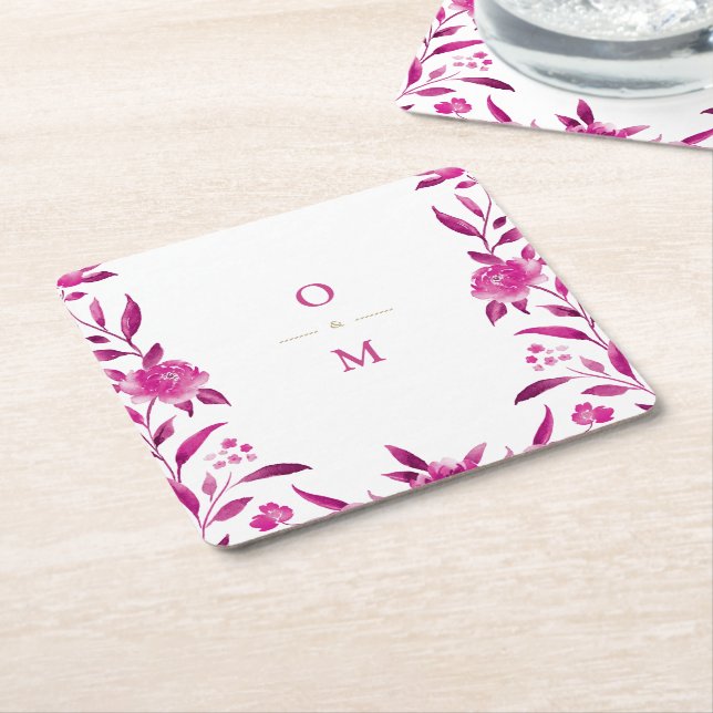 Dessous De Verre Carré Monogramme Mariage chinois floral rose (Incliné)