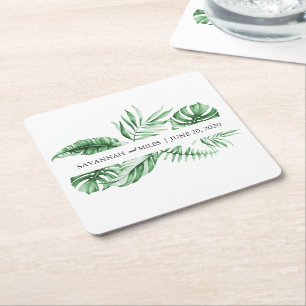 Dessous De Verre Carré Monogramme Mariage de palmier vert tropical