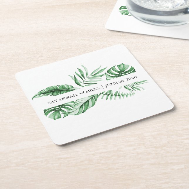 Dessous De Verre Carré Monogramme Mariage de palmier vert tropical (Incliné)