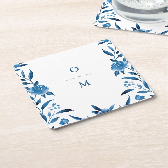 Dessous De Verre Carré Monogramme Mariage floral bleu (Incliné)