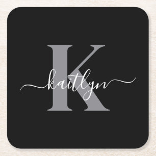 Dessous De Verre Carré Monogramme moderne gris noir script