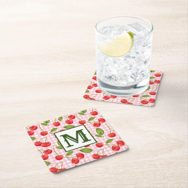 Dessous De Verre Carré Monogramme moderne Motif cerise (En situation)