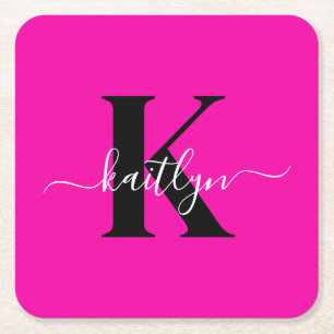 Dessous De Verre Carré Monogramme moderne rose noir écriture script