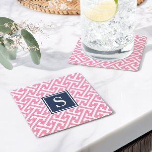 Dessous De Verre Carré Monogramme Motif rose et marine Preppy