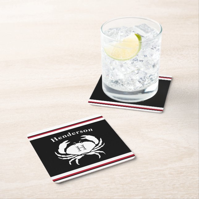 Dessous De Verre Carré Monogramme Noir Rouge Blanc Crabe Nautique (En situation)