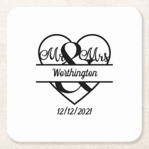 Dessous De Verre Carré Monogramme Nom Date Cœur Mariage