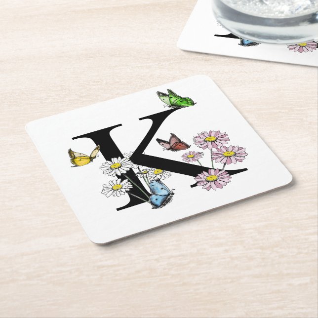 Dessous De Verre Carré Monogramme papillon aquarelle florale lettre K (Incliné)
