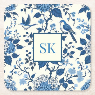 Dessous De Verre Carré Monogramme personnalisé Chinoiserie Chic, Hydrange