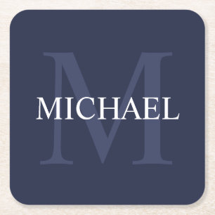 Dessous De Verre Carré Monogramme personnalisé et nom Navy Blue