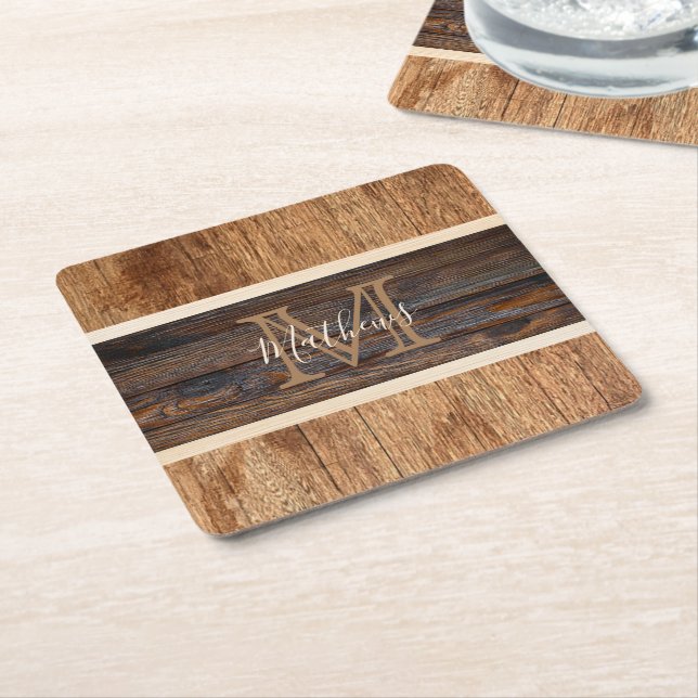 Dessous De Verre Carré Monogramme Rayure Ton Bois Rustique (Incliné)
