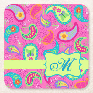 Dessous De Verre Carré Monogramme rose chaud Personnalisé Paisley moderne