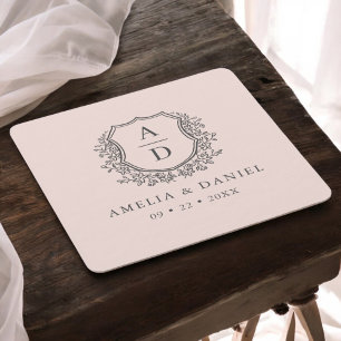 Dessous De Verre Carré Monogramme rose pâle Mariage Floral Crest Élégant