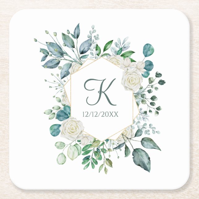 Dessous De Verre Carré Monogramme Roses blanches Verdure Eucalyptus Maria (Devant)