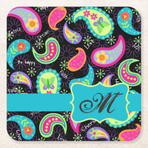 Dessous De Verre Carré Monogramme Turquoise Noir Mod Personnalisé Paisley