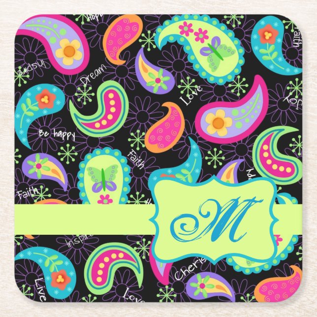 Dessous De Verre Carré Monogramme vert citron noir personnalisé Paisley (Devant)