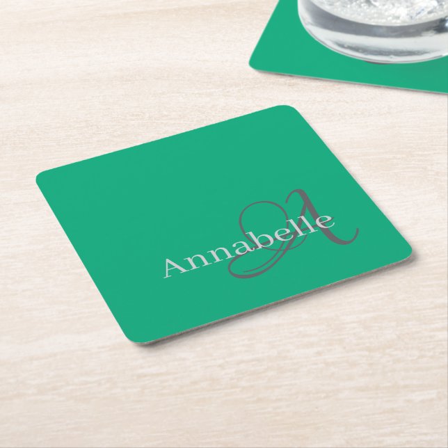 Dessous De Verre Carré Monogramme vert minimal et simple et nom (Incliné)
