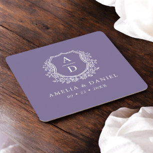 Dessous De Verre Carré Monogramme violet Mariage Floral Crest Élégant