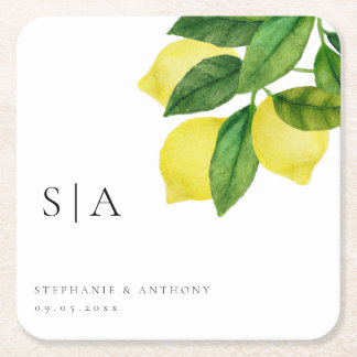 Dessous De Verre Carré Monogrammes Citron Citrus Branche Feuillage Mariag