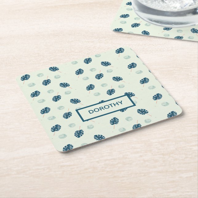 Dessous De Verre Carré Monstère tropicale monogramme feuille sur bleu (Incliné)