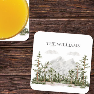 Dessous De Verre Carré Montagne et forêt aquarelle monogrammée