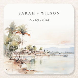 Dessous De Verre Carré Montego Bay Jamaïque Paysage aquarelle Mariage