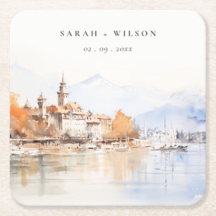 Dessous De Verre Carré Montreux Suisse Paysage Aquarelle Mariage