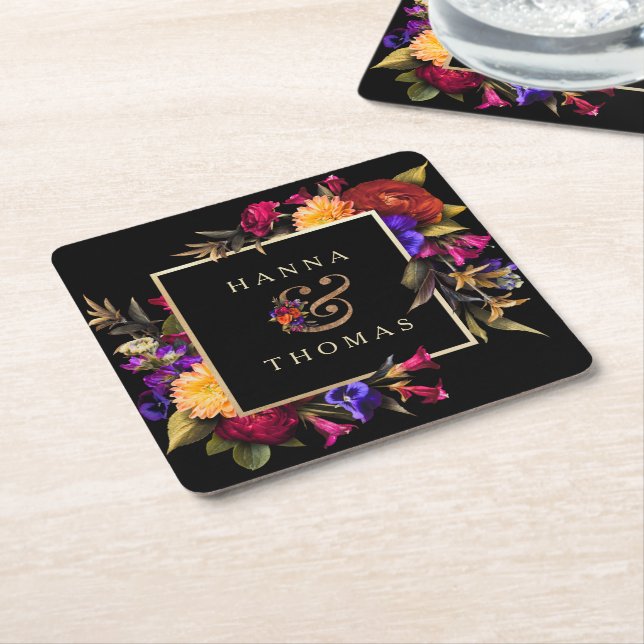 Dessous De Verre Carré Moody foncé Automne Mariage Floral (Incliné)