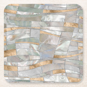 Dessous De Verre Carré Mosaic Waves Art - Pearl et Pastel Gold