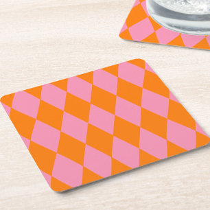 Dessous De Verre Carré Motif à carreaux Harlequin orange et rose