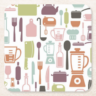 Dessous De Verre Carré Motif avec icônes de cuisine colorées