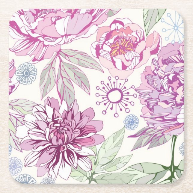 Dessous De Verre Carré Motif avec les fleurs roses (Devant)