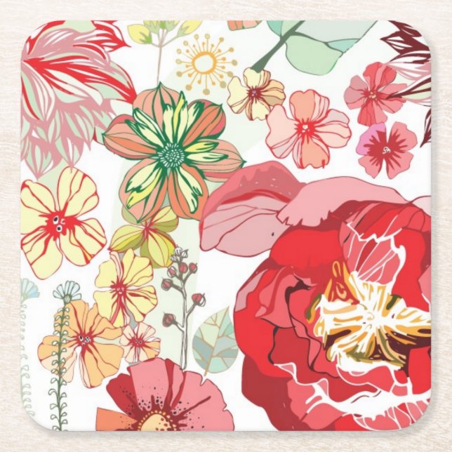 Dessous De Verre Carré Motif avec les fleurs rouges (Devant)