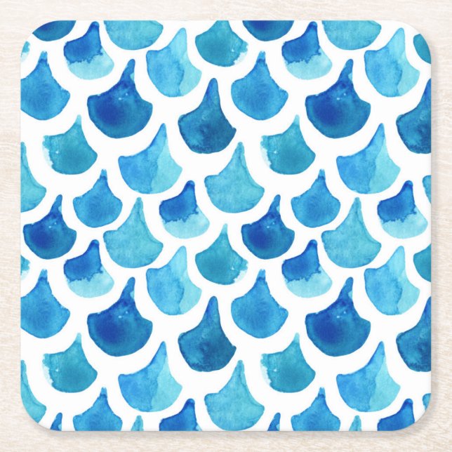 Dessous De Verre Carré Motif bleu d'échelle d'aquarelle (Devant)