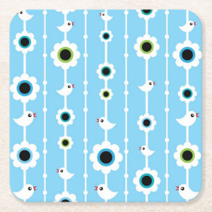 Dessous De Verre Carré motif bleu d'oiseau et de fleurs