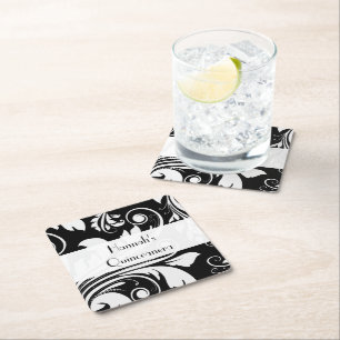 Dessous De Verre Carré Motif Damas, noir et blanc, Quinceanera