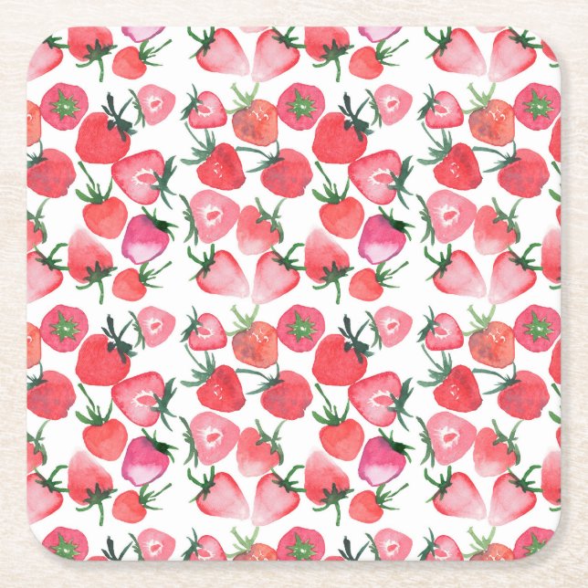 Dessous De Verre Carré Motif d'aquarelle aux fraises rouges juteuses (Devant)